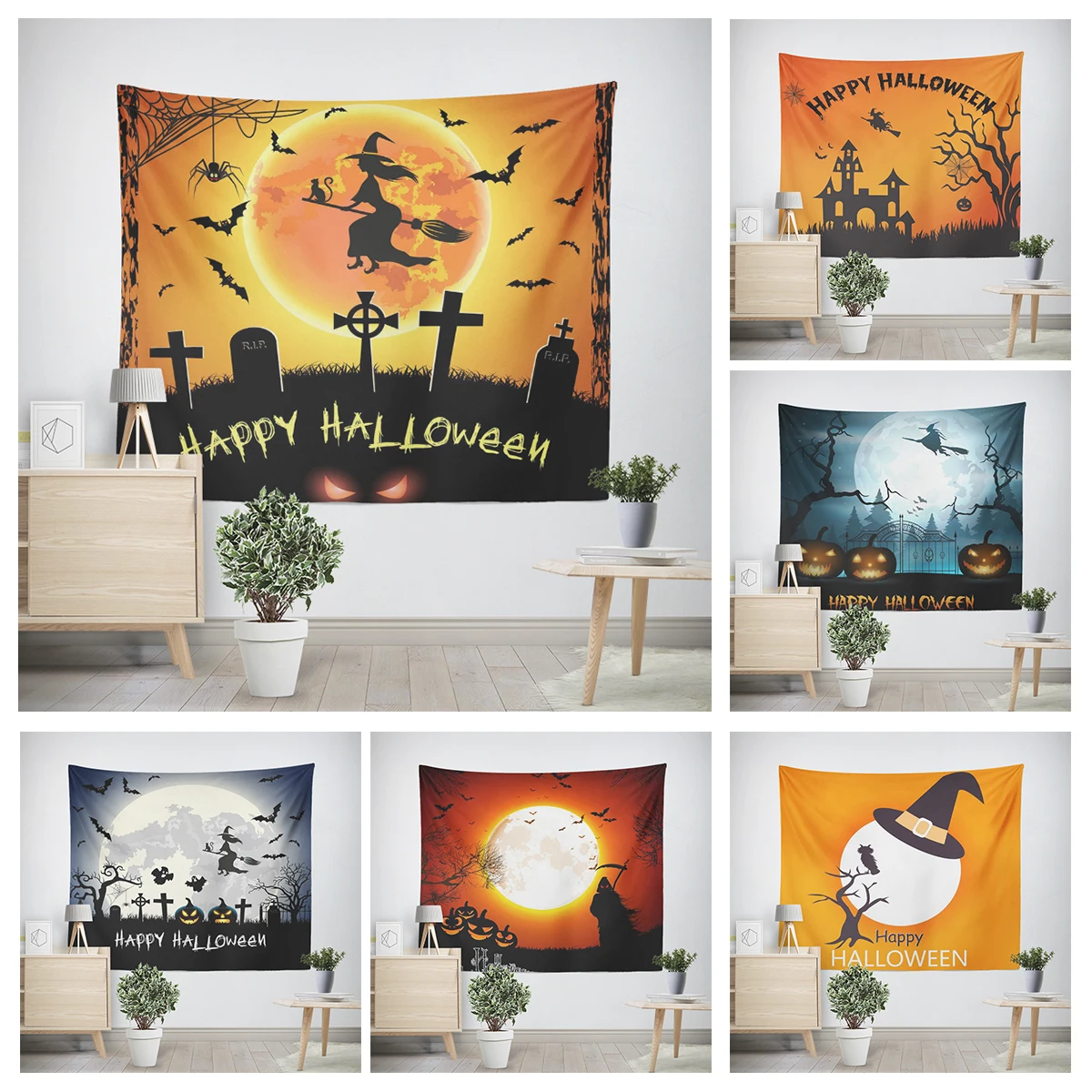 Tapeçaria de parede para decoração de quarto, quarto moderno, quarto estético, arte da parede, tecido grande, halloween, engraçado, outono