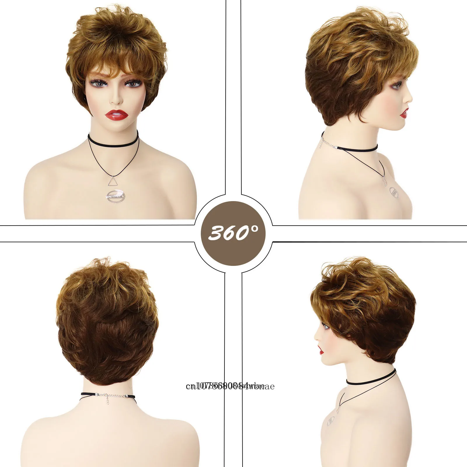 Short Golden Brown Wig Synthetic Hair Pixie Cut Curly Layered Wigs with Bangs Natural Heat Resistant Daily Cosplay Costume Party