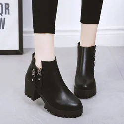 Buty damskie 2024 Winter New Fashion Waterproof Platform Short Boots High Heels Side Zipper Height Increase Antypoślizgowe buty do kostki