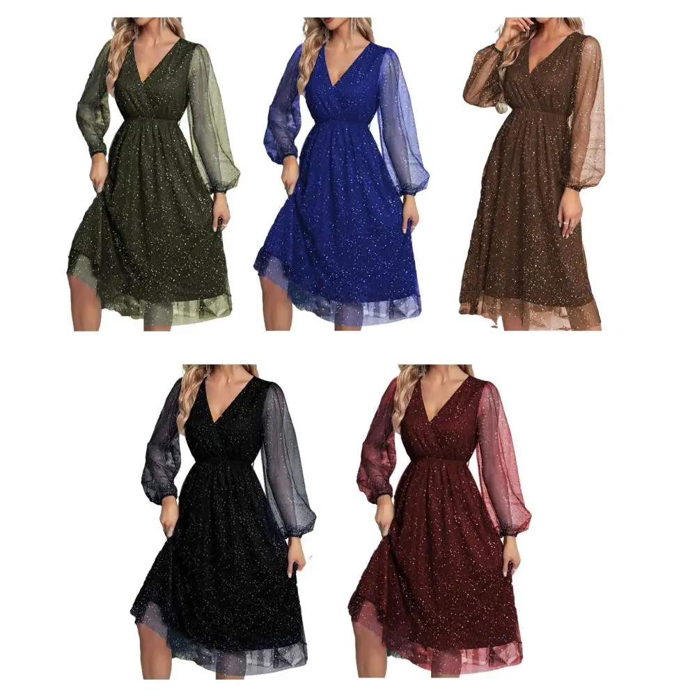 Vestido elegante elegante manga de malha vestido de festa com decote em v com cintura slim fit saia plissada de camada dupla para mulheres na altura do joelho