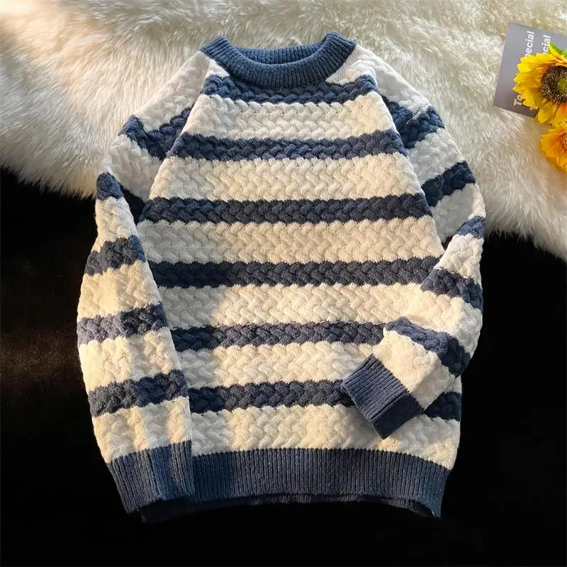 

Men's Patchwork Pullover Sweater Cotton Casual Round Neck Sweaters for Men New Winter Fashion Warm Striped Clothing D16