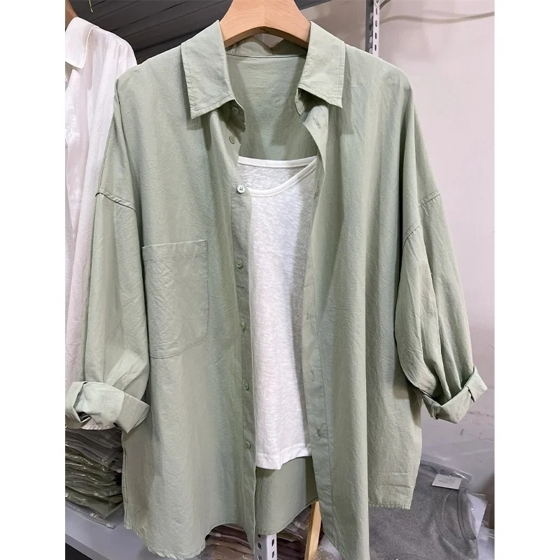 

Женская рубашка больших размеров с воротником, свободного кроя, с длинным рукавом, на одной пуговице, в корейском стиле, однотонная, осенне-весенняя, модная