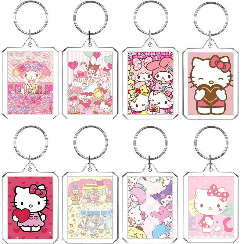 Kawaii Girly Heart Sanrios Acrylic Keychain Valentine's Day Decor Anime Hello Kitty Kuromi My Melody Car Key Ring Pendant Gifts