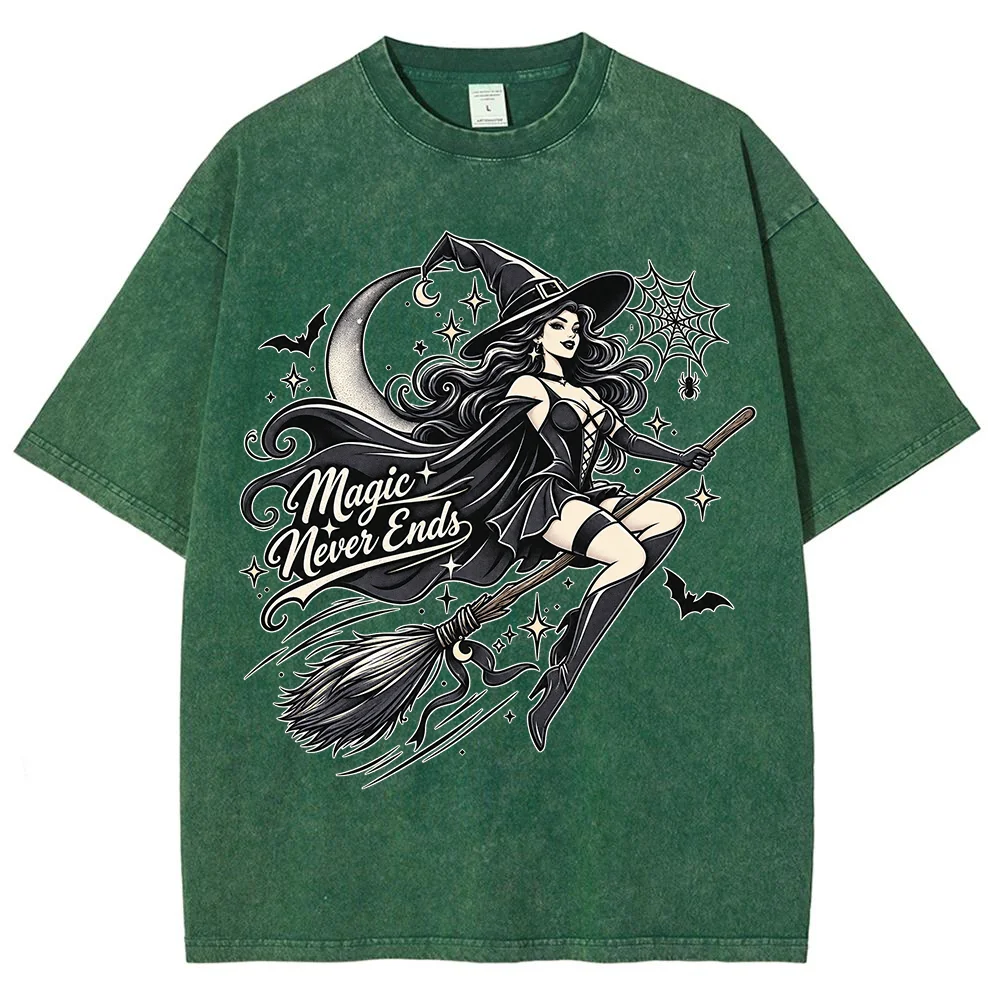 Acid Washed Graphic Tee Women Vintage Witch Magic Never Ends Print Short Sleeve Goth Halloween Streetwear Loose Oversize Top
