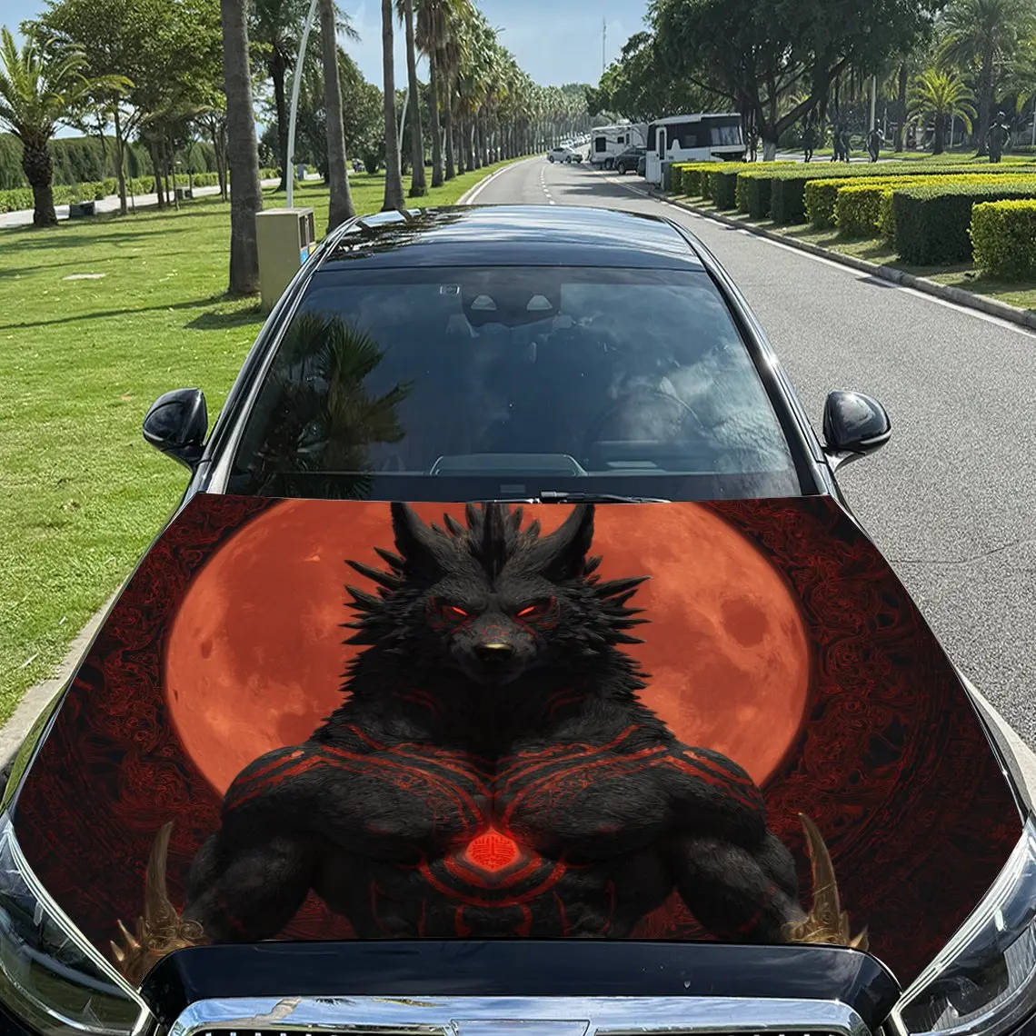 

Blood Moon and Werewolf Pattern car hood stickers, waterproof self-adhesive, scratch resistant, easy to stick, durable car PVC s