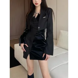 Autumn Black Designer New Two Piece Set Women Blazer Coat+vintage Strap Dress Female Korean Fashion Y2k Elegant Slim Set 2024