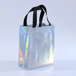 1pc Non Woven Reusable Gift Bag with Handles Colorful Lridescent Birthday Gift Bag Waterproof Handle Shopping Bag Party Supplies