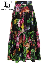 LD LINDA DELLA Fashion Runway Autumn Winter Skirts Women High waist Balck Vintage Flower Print Party Midi Skirts