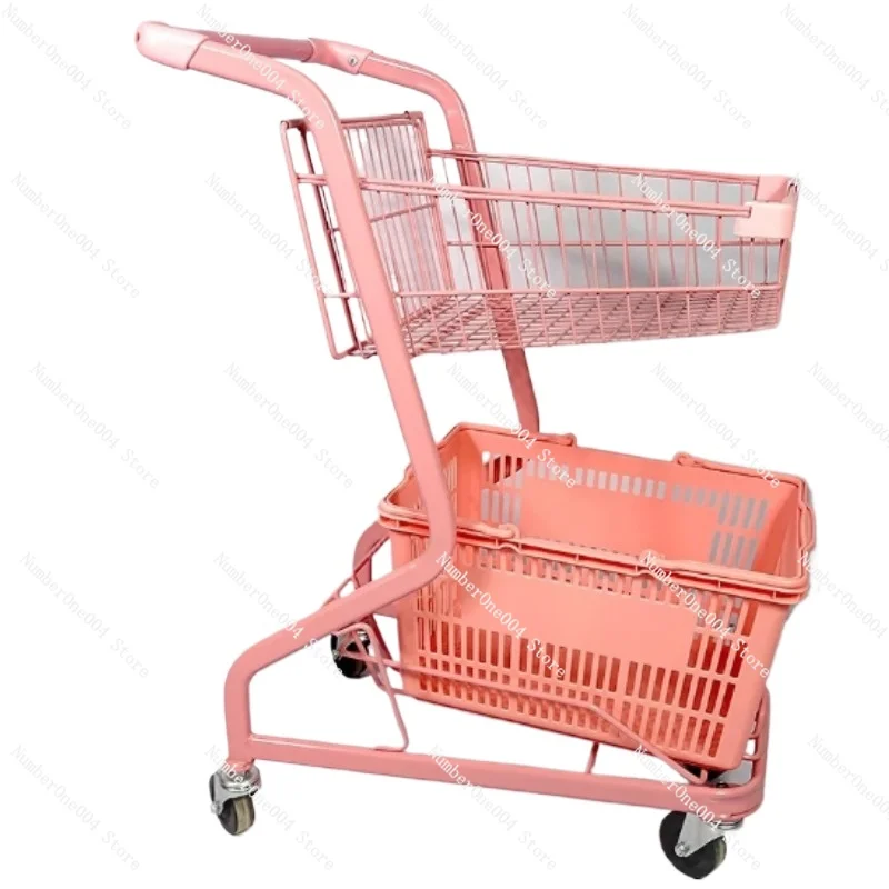 

Internet Celebrity Street Stall Trolley Supermarket Shopping Cart Convenience Store KTV Pink Japanese Double Cart Photo Props