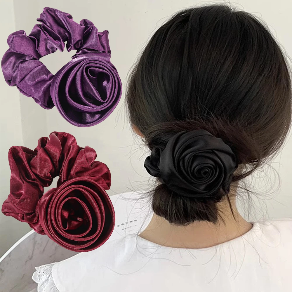 Korean Women Rose Elastic Hair Bands Ties Hair Scrunchies Big Flower Satin Hair Rope Charms Horsetail Rubber Hair Accessories