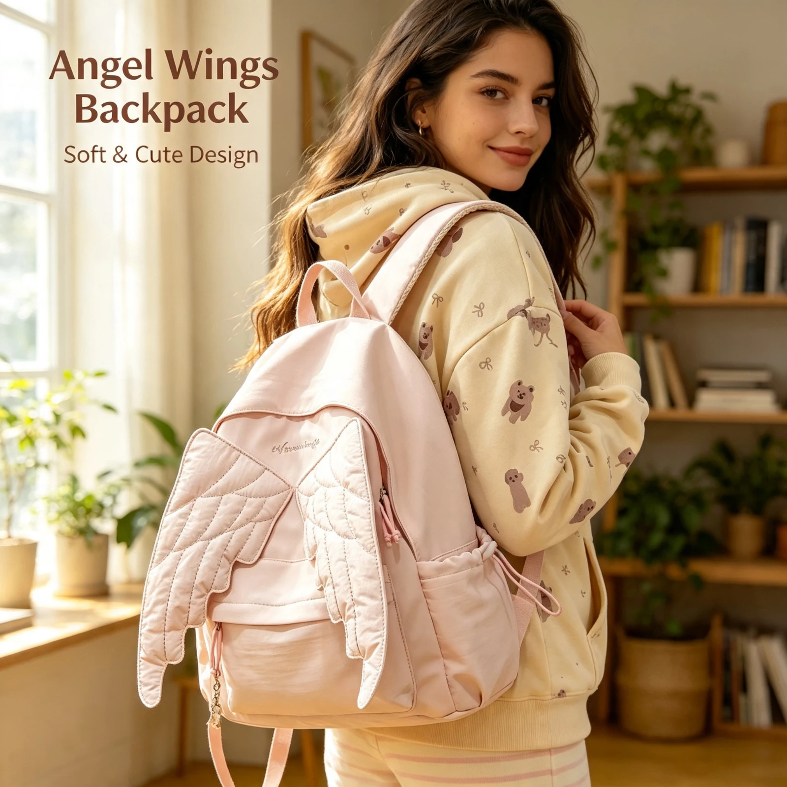 Pink Quilted Angel Wings Backpack, Lightweight School Bag For Teen, Girls Boys Cute Student Rucksack, Travel Daypack Gift