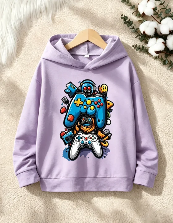 kids hoodie, game controller cartoon graphic print pullover, long sleeve hooded top, cool street style for boys girlsdailyoutfit