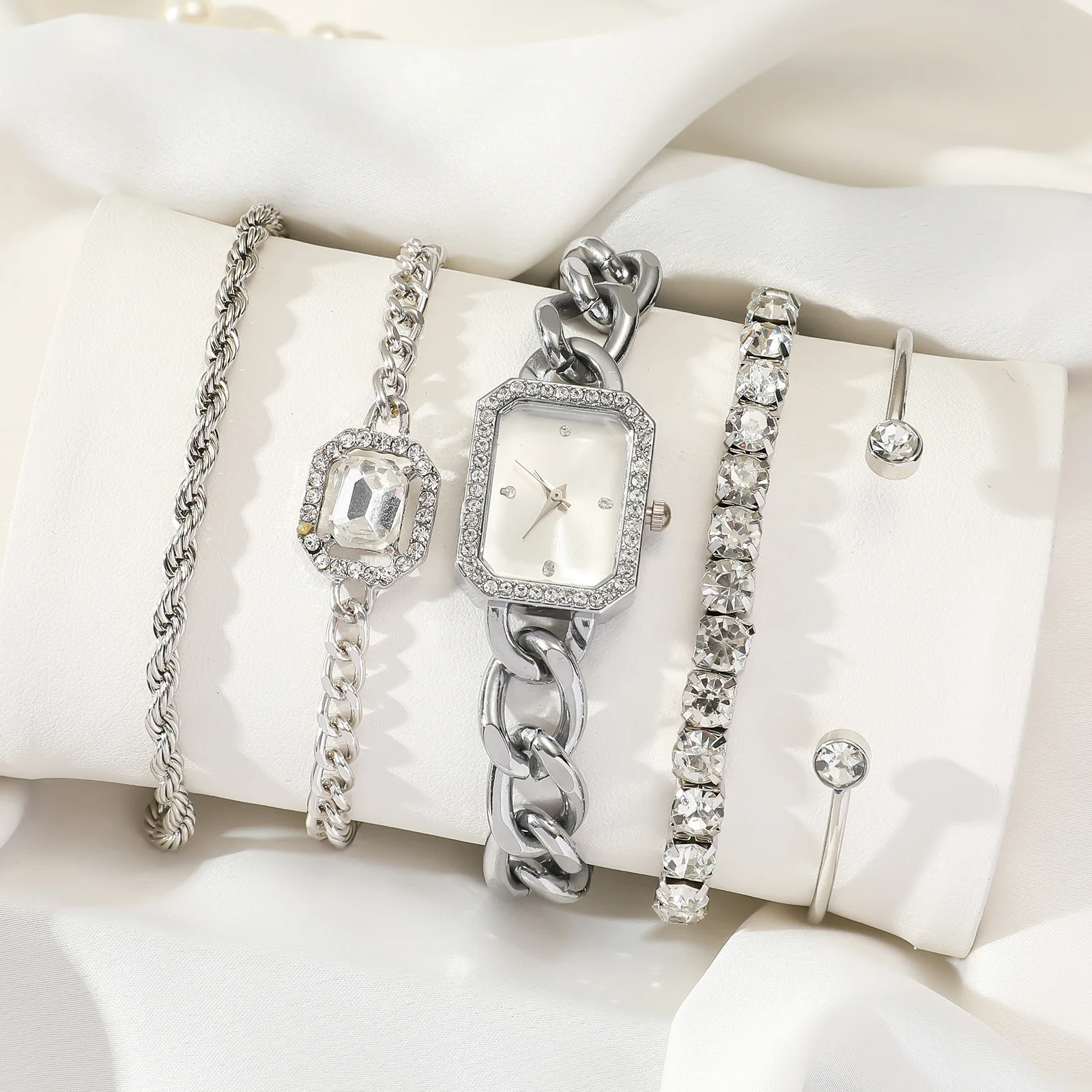 5pcs/set Stainless Steel Fashion Snake Chain Bracelet Geometric Rectangular Watch Bead Chain Stackable Bracelet Women's Jewelry