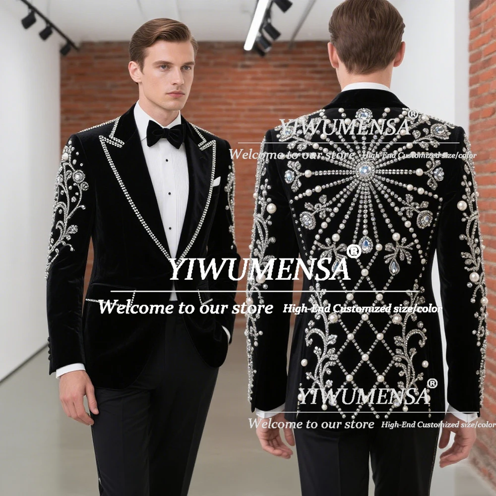 

Brilliant Diamond Stones Suits Men For Wedding 2 Pieces Sets Customized Velvet Groom Tuxedos Single Breasted Prom Blazers Luxury
