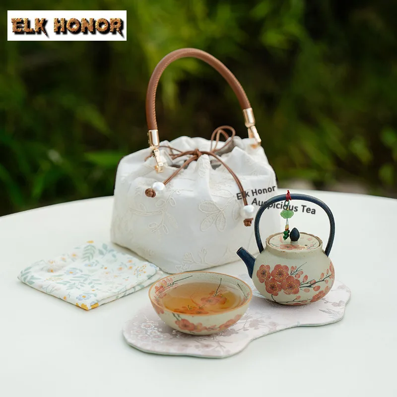 

Hand-painted Plum Blossom Mist Lifting Handle Tea Set Complete Set Zen Tea Ceremony Set Teapot and Tea Cup Set Tableware Gift