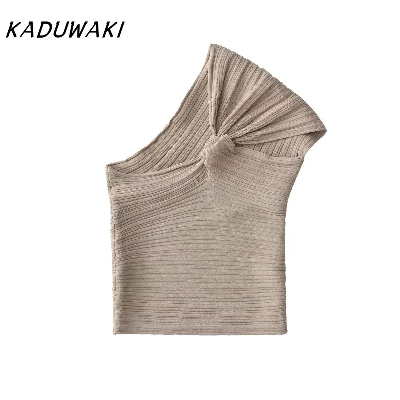 KADUWAK American Retro One-shoulder Collar Sleeveless Ribbed Knit Fashion Slim Asymmetric Tie Vacation Pullovers Свитер Женский