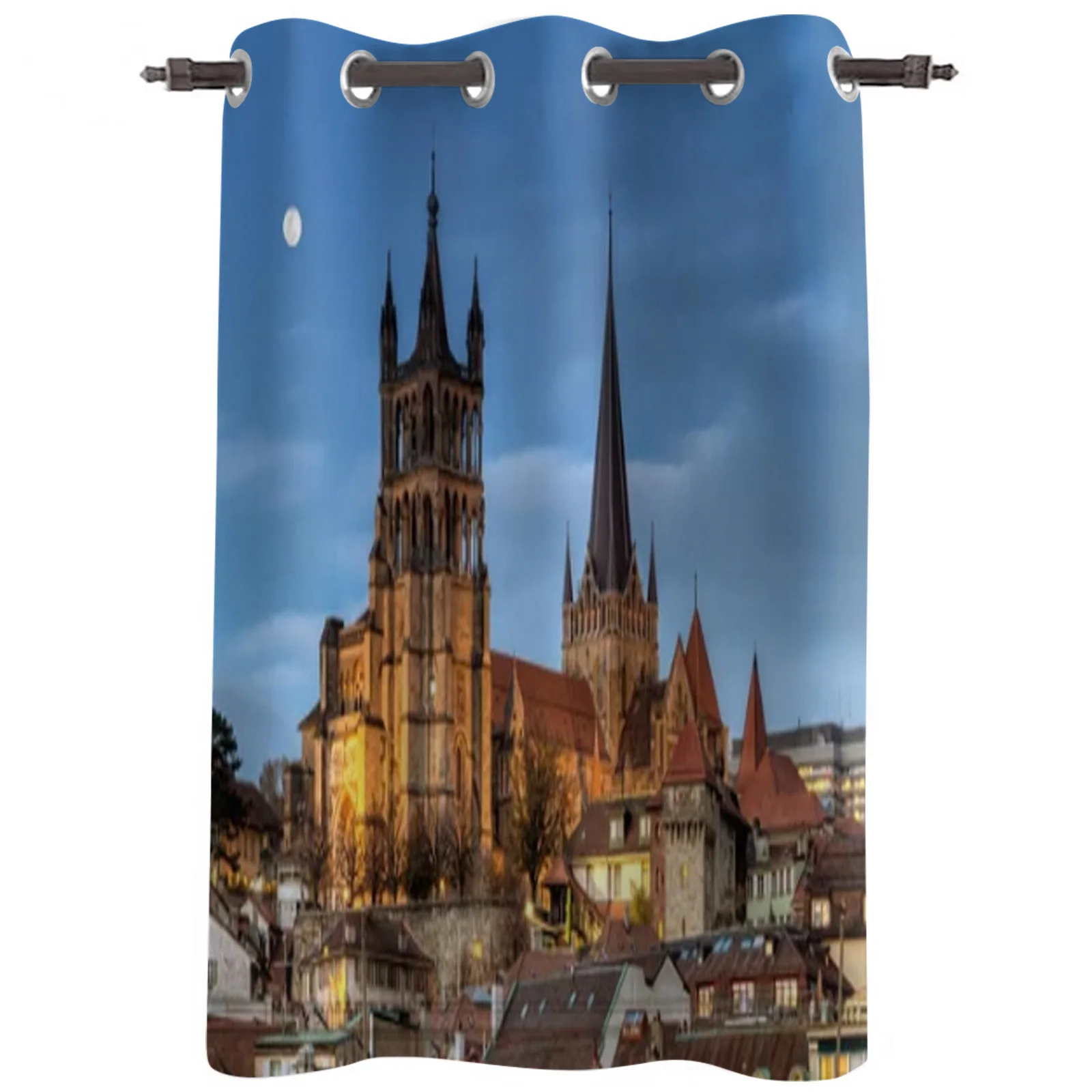 Cathedral Night Light Scenery Printing Curtain For Living Room Luxury Bedroom Hotel Curtain Home Decor Window Balcony Drapes