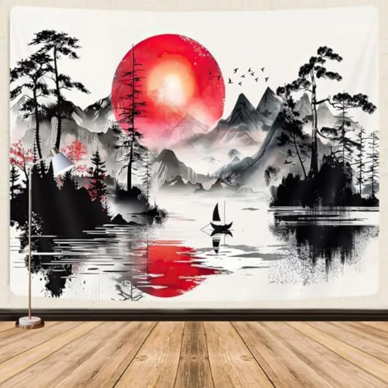 VIKAMA Japanese Ink Landscape Tapestry Red Sun Bird House Art Wall Hanging Bedroom Living Room Wall Decoration Home Furnishings