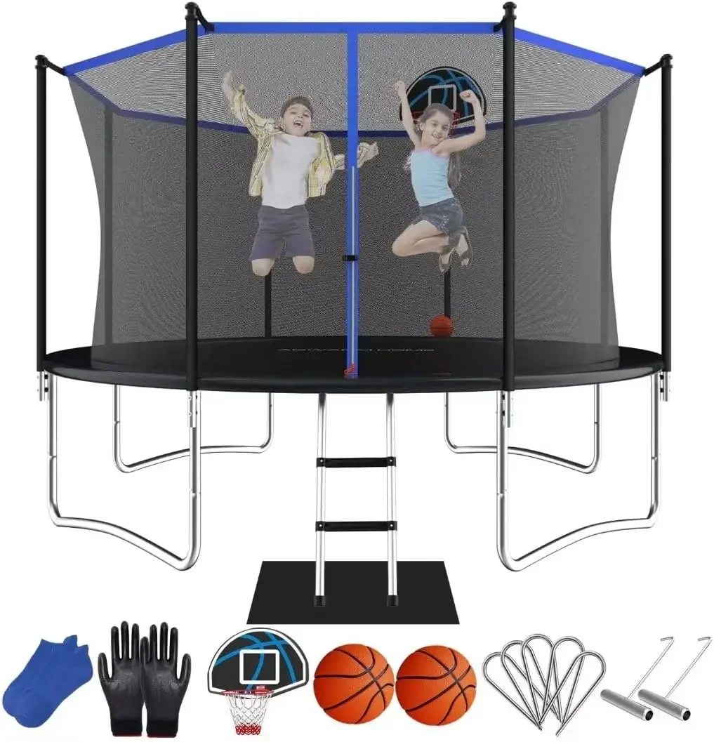 

14/12/10FT Recreational Trampoline for Kids and Adults with Basketball Hoop, Outdoor Backyard Trampoline with Safety Enclosure