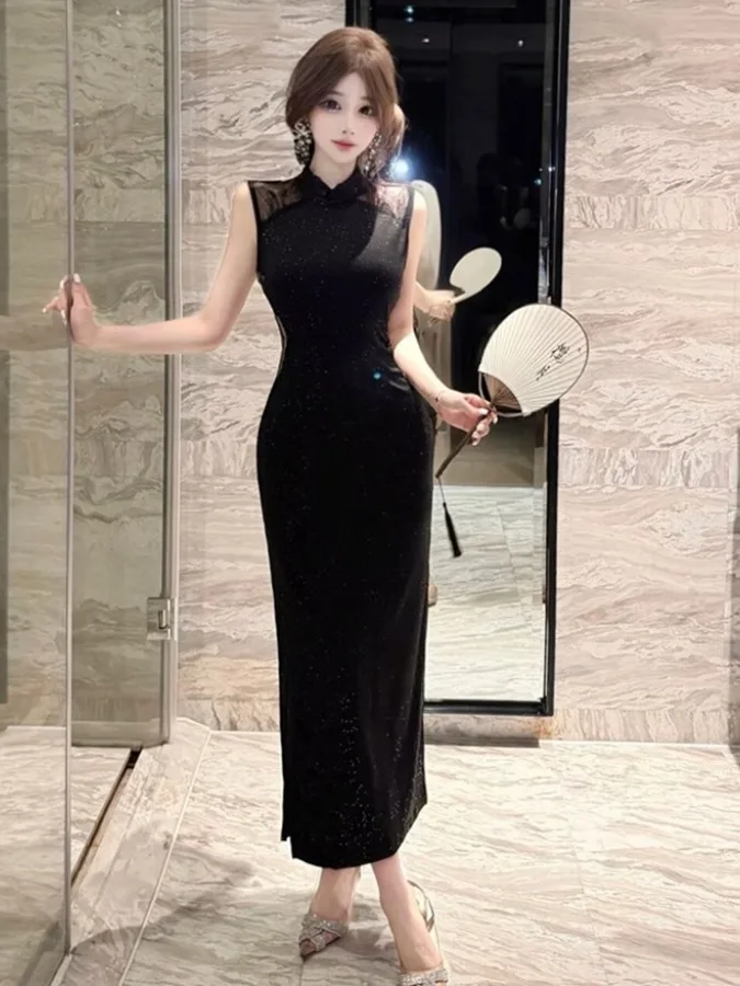 Sexy Chinese Style Lace Splicing Sleeveless High Waist Slim Fit Flashing Dress Women's Gown Folded Hemline Straight Tube Skirt