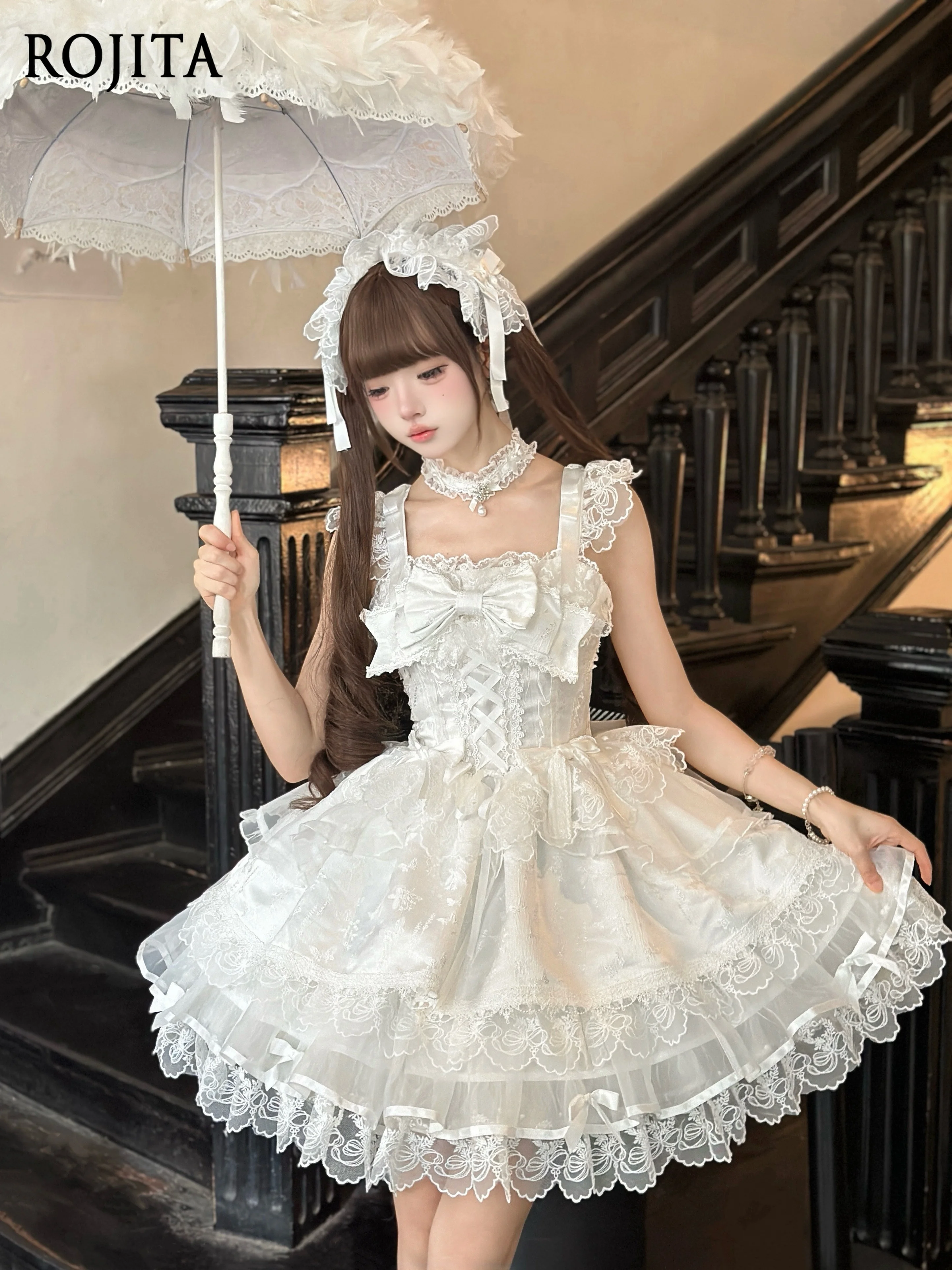 

Kawaii Girl Lolita Dress Ballet Style JSK Strap Dress for Women 2025 Summer New White JSK Strap Dress + Back Bow Two-Piece Set