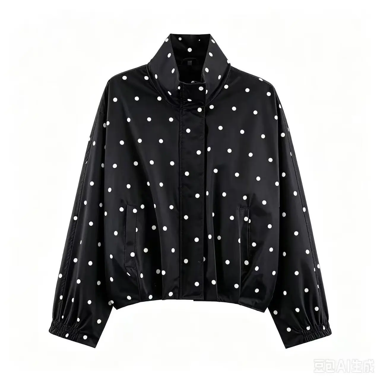 BSAY Damen Bomberjacke mit Polka-Dot-Print, kurz geschnitten, Stehkragen, elastische Ärmelbündchen, lange Ärmel, lässiges Design mit Taschen, kurze Oberbekleidung. – Detail 7
