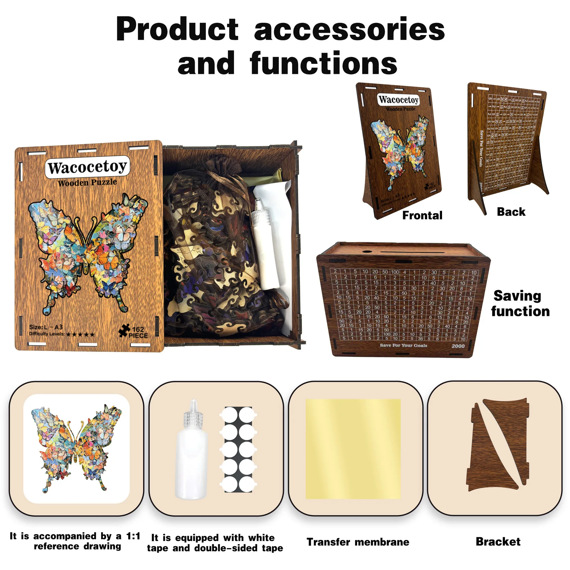 162 Pieces Wooden Butterfly Jigsaw Puzzle with Savings Box Decorative Puzzle for Adults Kids Family Game Wacocetoy Puzzle with B