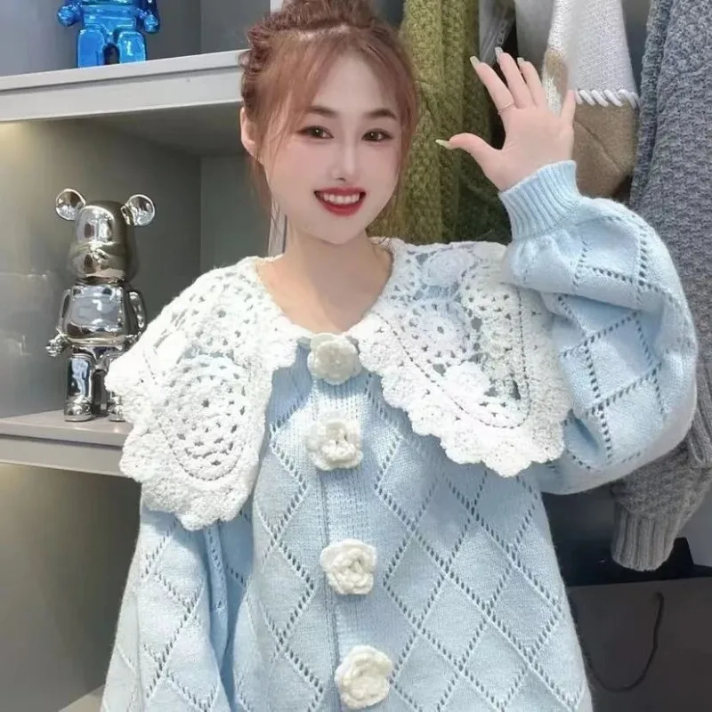 

2025 Lace Peter Pan Collar Sweater Cardigans Women Spring Sweet Knitted Sweaters Outwear Korean Fashion Gentle Top