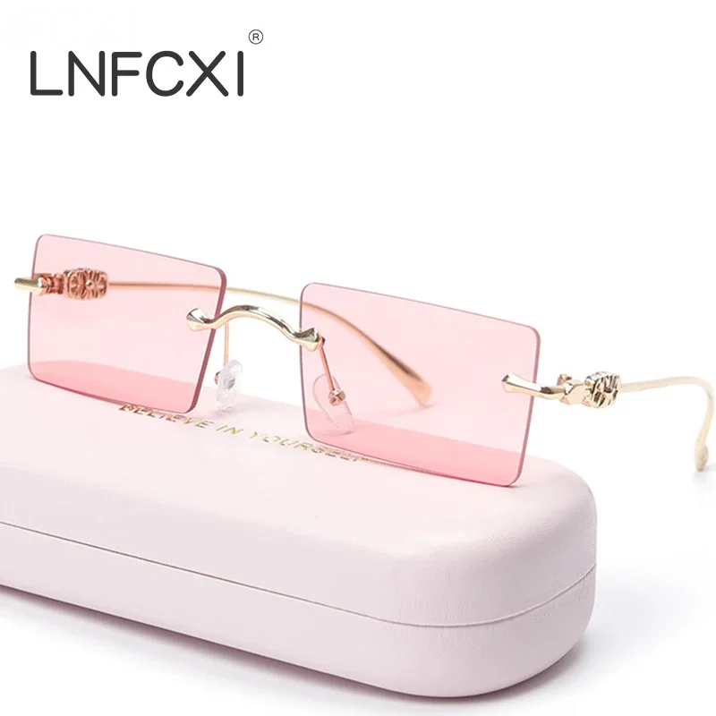 LNFCXI Rimless Rectangle Sunglasses Women Men Shades Tea Pink Blue Gradient UV400 Sun Glasses Retro Frameless Sun Glasses