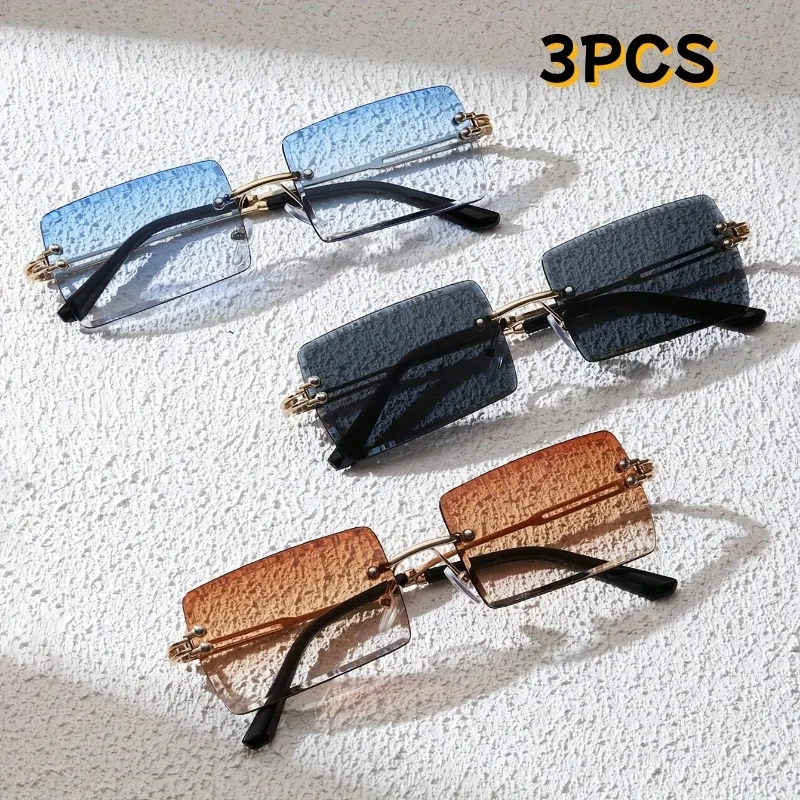 

3 piece Set of Fashionable Square Frameless Rectangular Metal Fashion Glasses Suitable for Both Men and Women