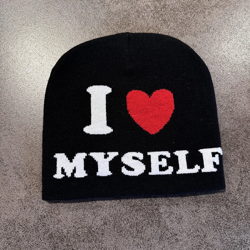 I LOVE MYSELF Letter Jacquard Beanies Hats Winter Warm Knit Hats Men's Women's Skiing Unisex Outdoor Windproof Skullcap Hiphop