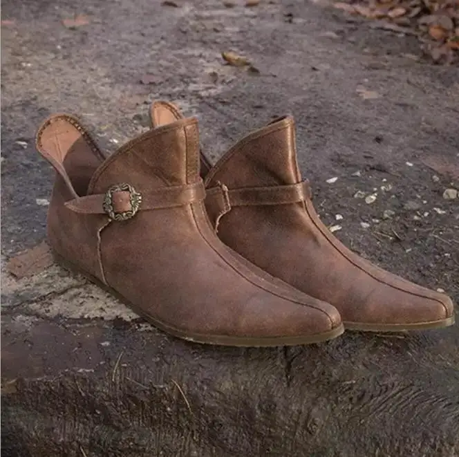 Pirate Boots Medieval Viking Vintage Renaissance Brown Buckle Leather Boots Short Flat Shoes Men Knight Prince Cosplay Costume