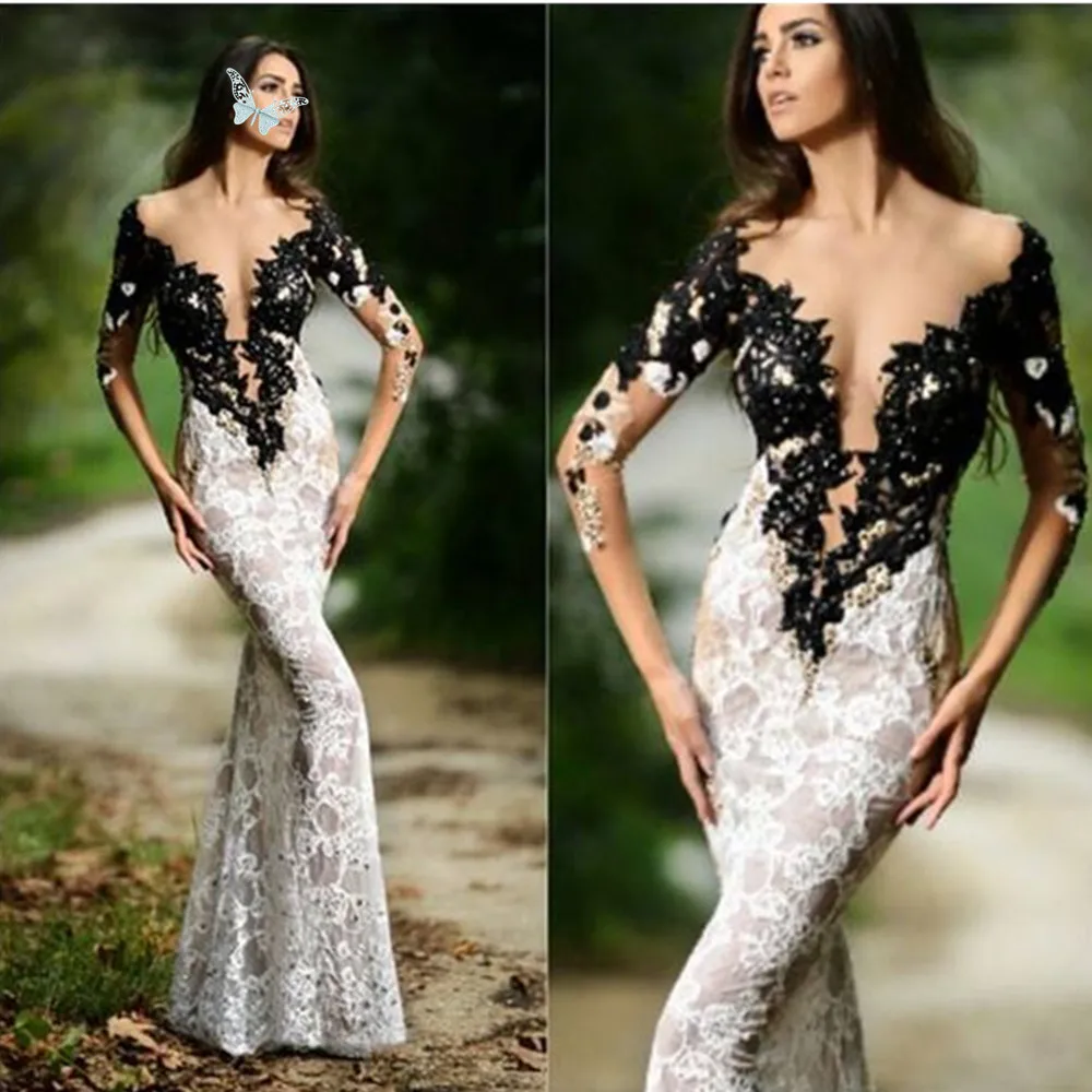 Sexy Lace Mermaid Illusion Prom Dress Black and White Split Front Long Sleeves Appliques Evening Gowns Custom Made Vestidos