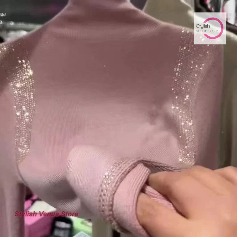 French fashionable sweater top women's autumn and winter high-grade heavy industry hot drilling splicing semi-high neck sweater