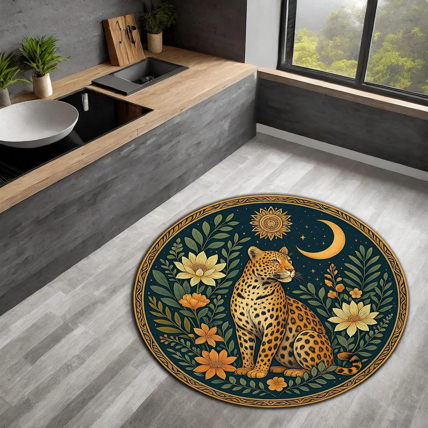 Leopard Moon Round Rug – Jungle Animal Rug – Starry Bohemian Round Mat for Living Room, Bedroom or Meditation Space