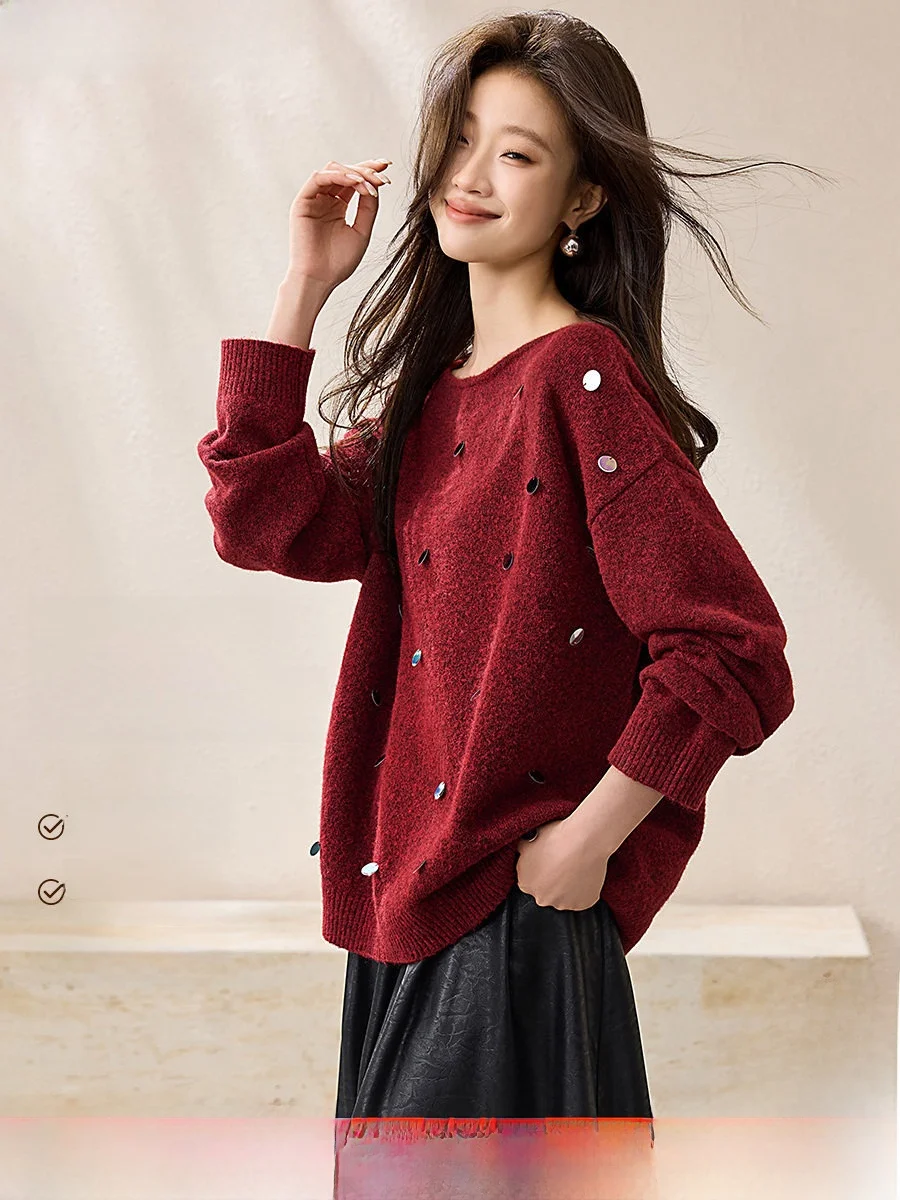 

Red Loose Women's Knitwear Mo Han Mei Lazy Sle Spring Winter Warmth Faionable Inner Wear White Enhancing Polyester Blend