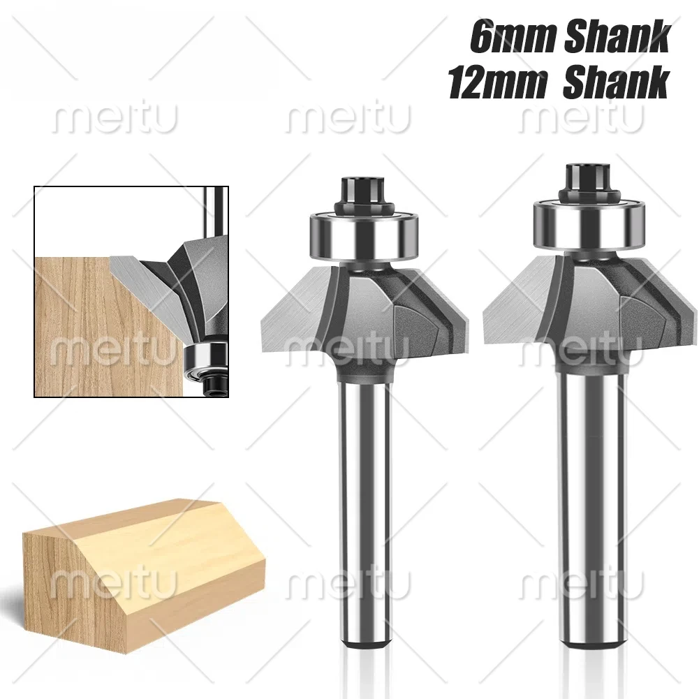 1PC 45 Degrees Chamfer Edge Forming Router Bit 6mm/12mm Shank with Bearing Woodworking Milling Cutter Tool for Edge Beading