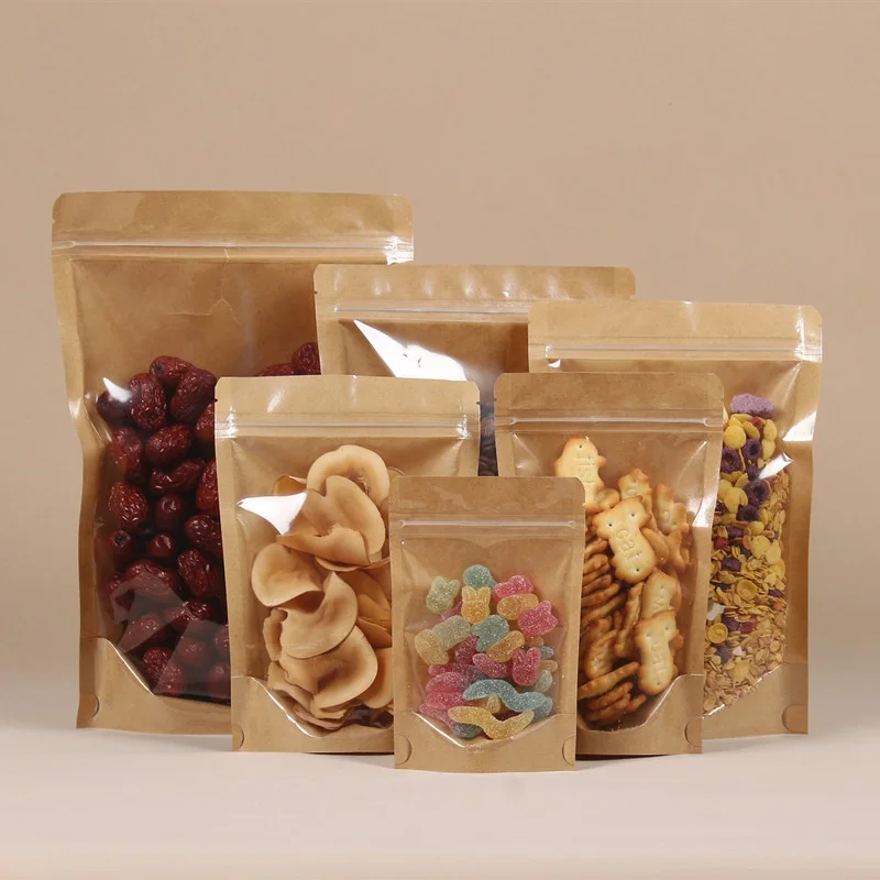 Kraft paper self sealing bag with window opening semi transparent tea nut food packaging bag self standing sealed storage bag