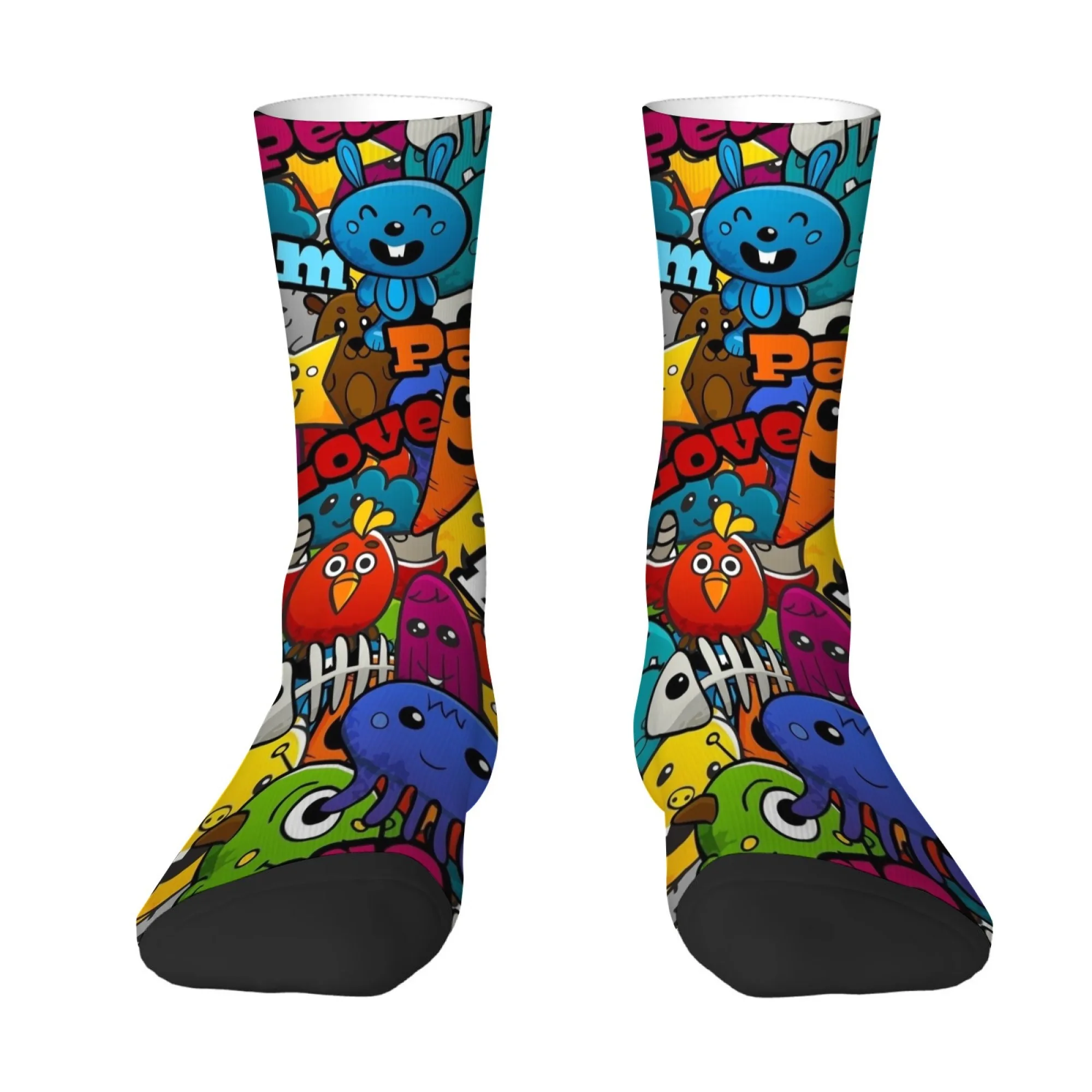Graffiti-style Cartoon Animal Men's Mid-calf Socks Novelty Funny Harajuku-style Printed Socks Skin-friendly Breathable Non-slip