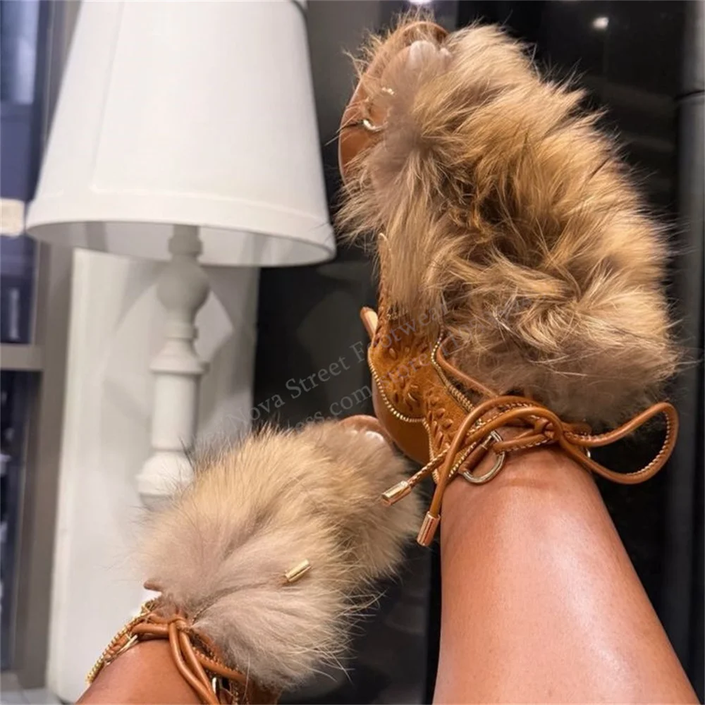 Brown Faux Fur Stripe Decor High Heel Sandals Women Sexy Open Toe Stiletto Heel Vintage Furry Lace Up Party Dress Shoes