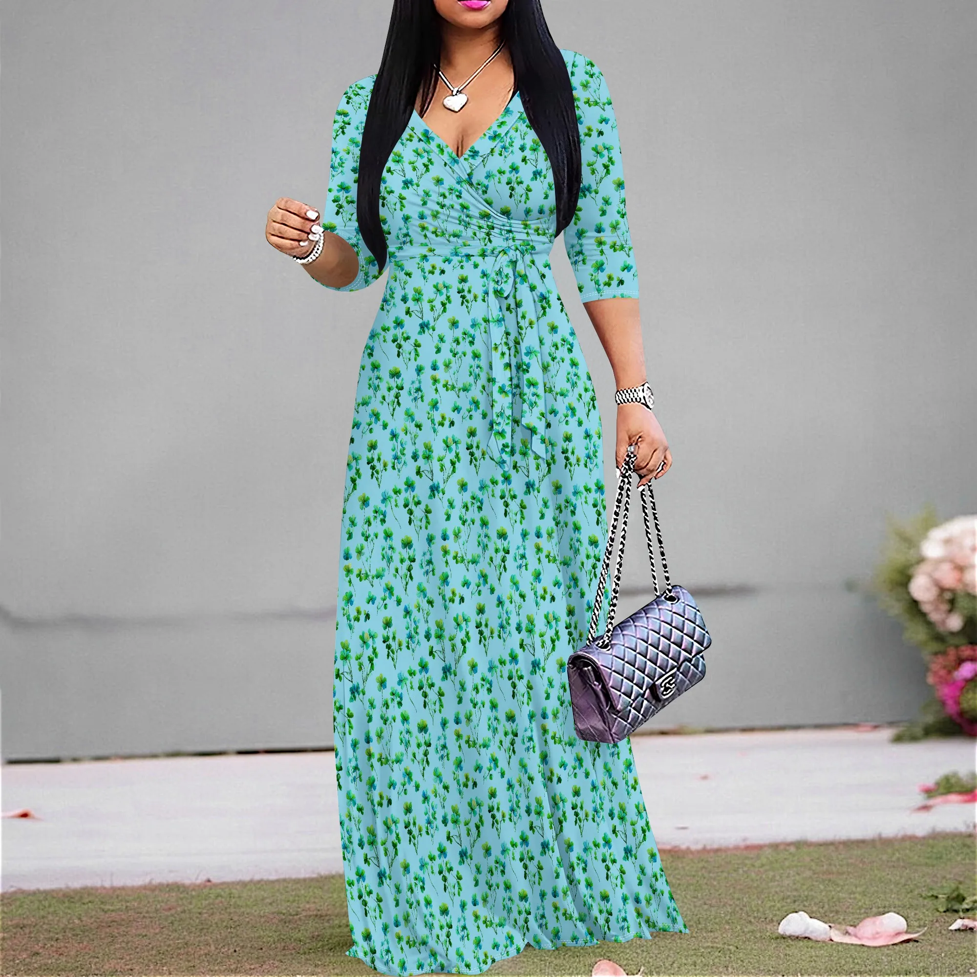 

Floral Print Maxi Dress for Women V Neck S-3XL Green Blue Spring Summer Casual Look