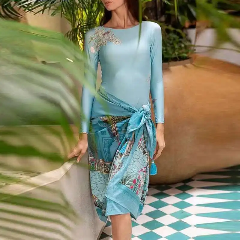 فساتين بيكيني للاستحمام بنمط جديد لعام 2025 غير رسمية بياقة دائرية وأكمام طويلة ملابس شاطئ صيفية بوهيمية برباط ملابس سباحة #6