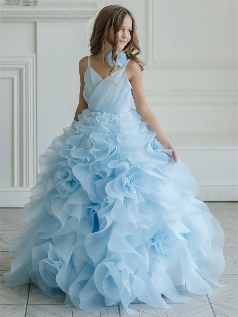 Sweet Blue Pink Ruffles Flowers Girl Dresses Sleeveless Ball Gowns Kids Birthday Party Dresses For Wedding Customized Age 3-15