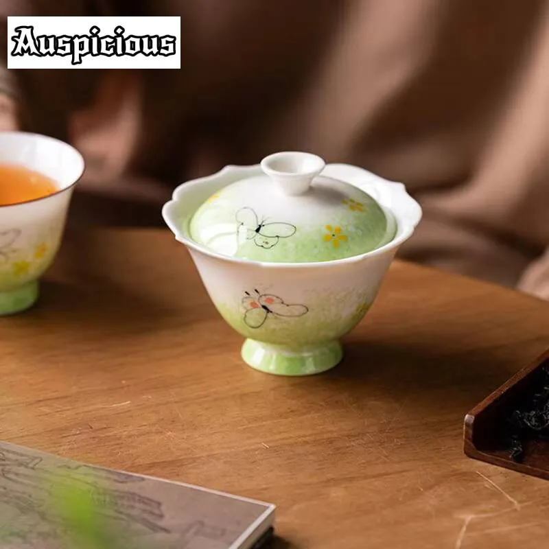 

100ML Hand-painted Butterfly Dance Ceramic Cover Bowl Two-flowered Mouth Tea Bowl With Cover Tea Maker Gaiwan Kung Fu Tea Teaset