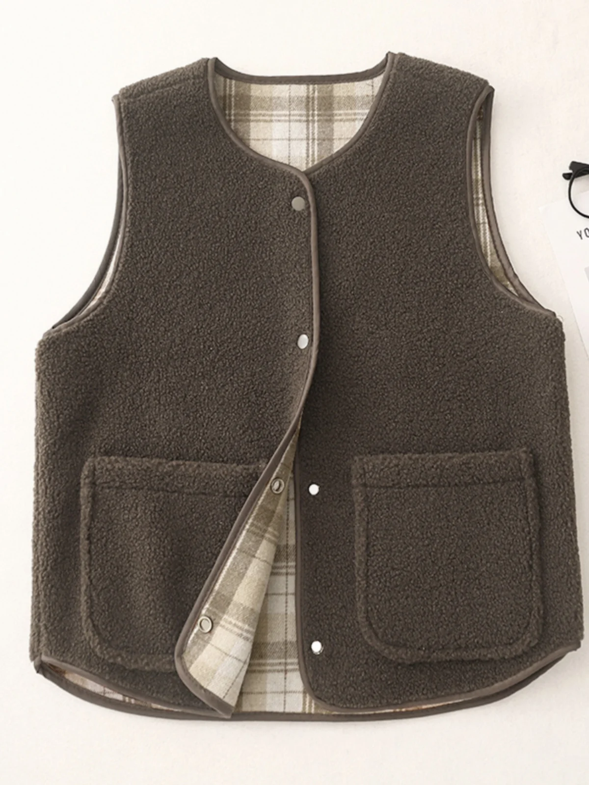 

Женский двусторонний жилет из меха ягненка в клетку, осень 2024, дизайн Sense Commute Sle Button ket round Ne Coat Top