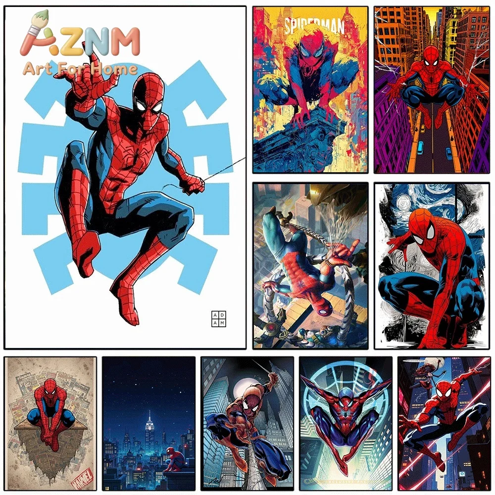 Marvel Spider Man Jump Pose Blue Graphic White Background Comic Canvas Wall Art Unframed Canvas Poster Print for Boys Bedroom