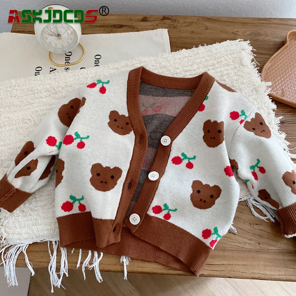 

2023 Autumn New In Kids Baby Girls V-neck Cartoon Bear Knitted Top Coat Single-breasted, Children's Cute Clothes Toddler Sweater