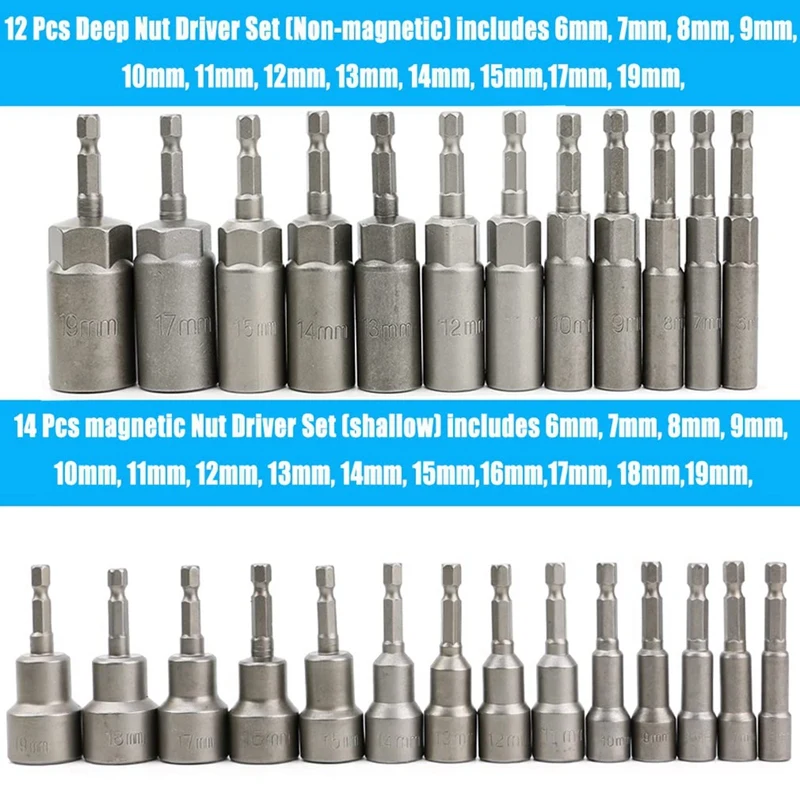 Magnetic Nut Driver Set Long Bolt Hex Socket Metric 6Mm-19Mm Screwdriver Bits For Impact Drills