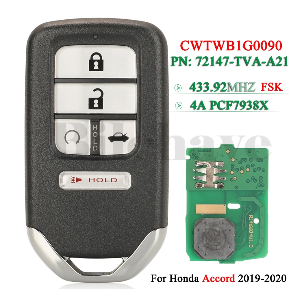 

jingyuqin CWTWB1G0090 Remote Smart Card Key 4A Chip 433.92MHz FSK For Honda Accord 2018 2019 2020 Keyless Go 72147-TVA-A21