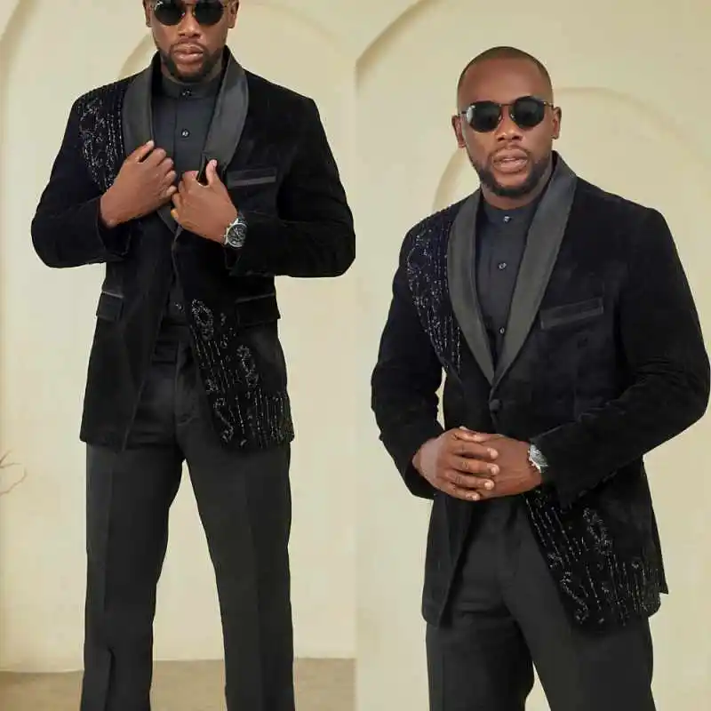 

Luxurious Velvet Wedding Groom Tuxedo Slim Fit 2Pcs Blazer Pants One Button Appliques Beading Prom Banquet Wear Customized